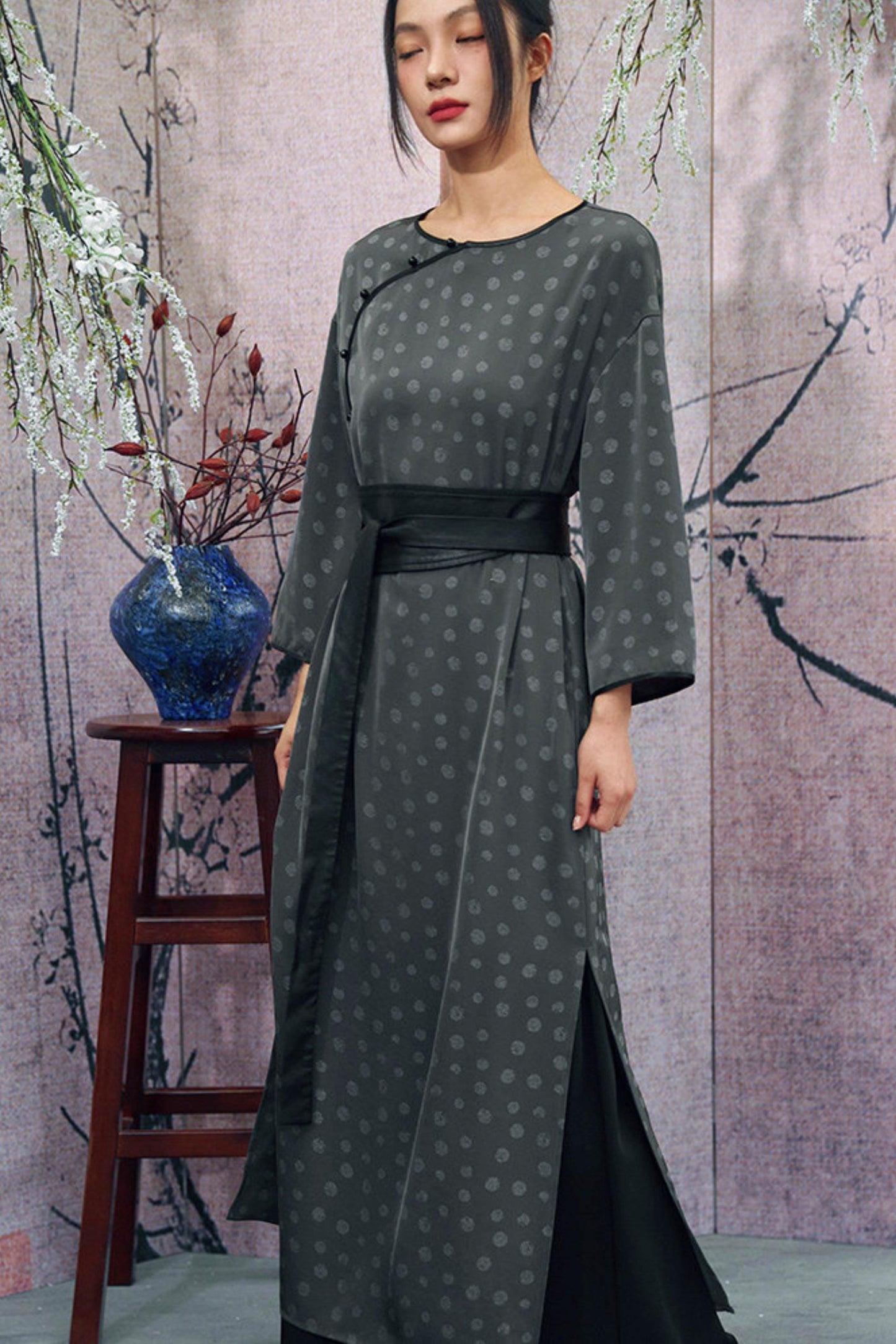 Dot Print Chinese Slit Long Dress