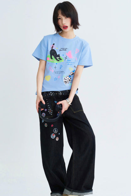 Cropped Graffiti Print Tee Shirt