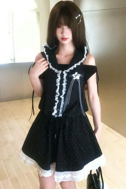 Vestido de hombros descubiertos con estrellas negras + top