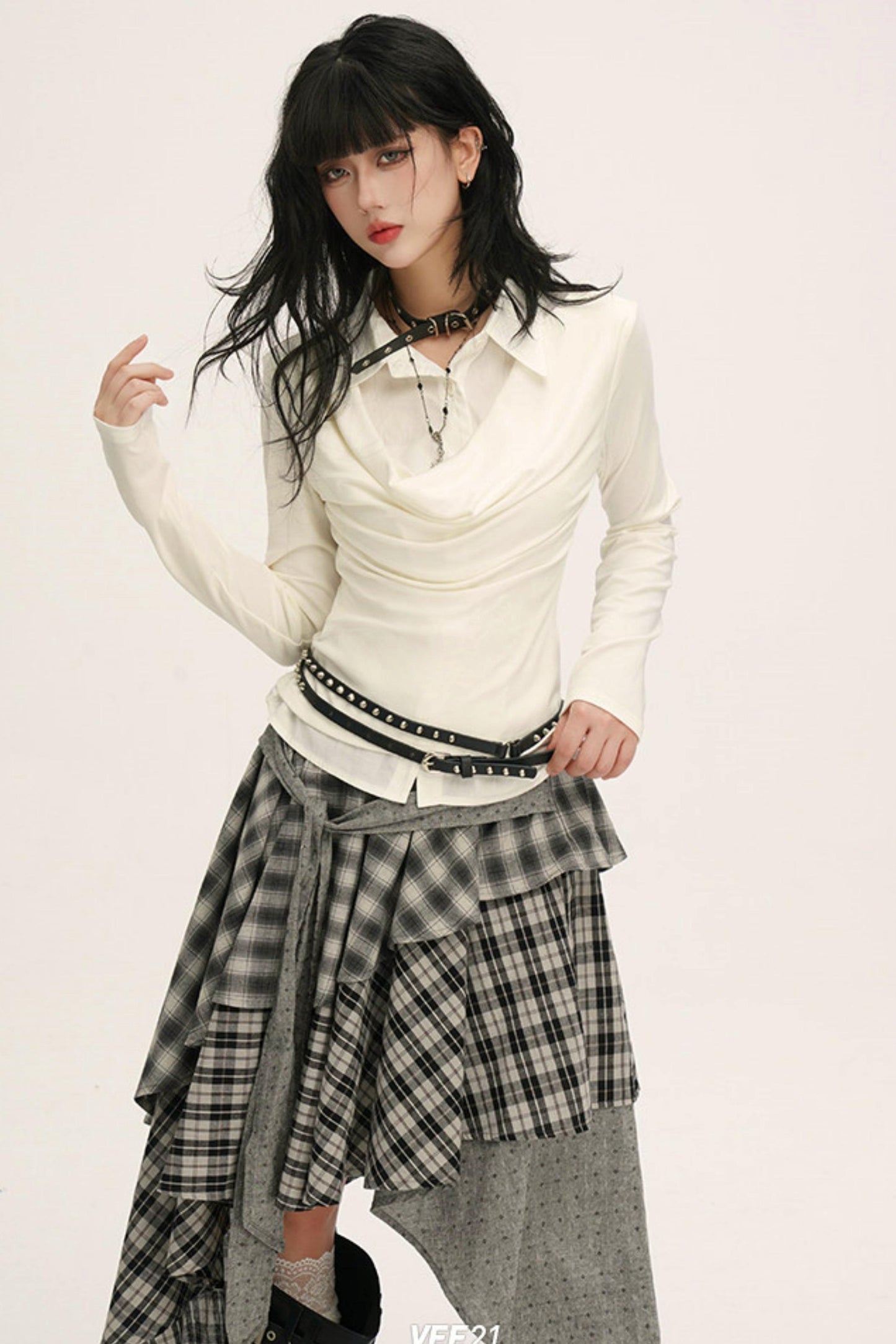 ドレープカウルネックレイヤードシャツ