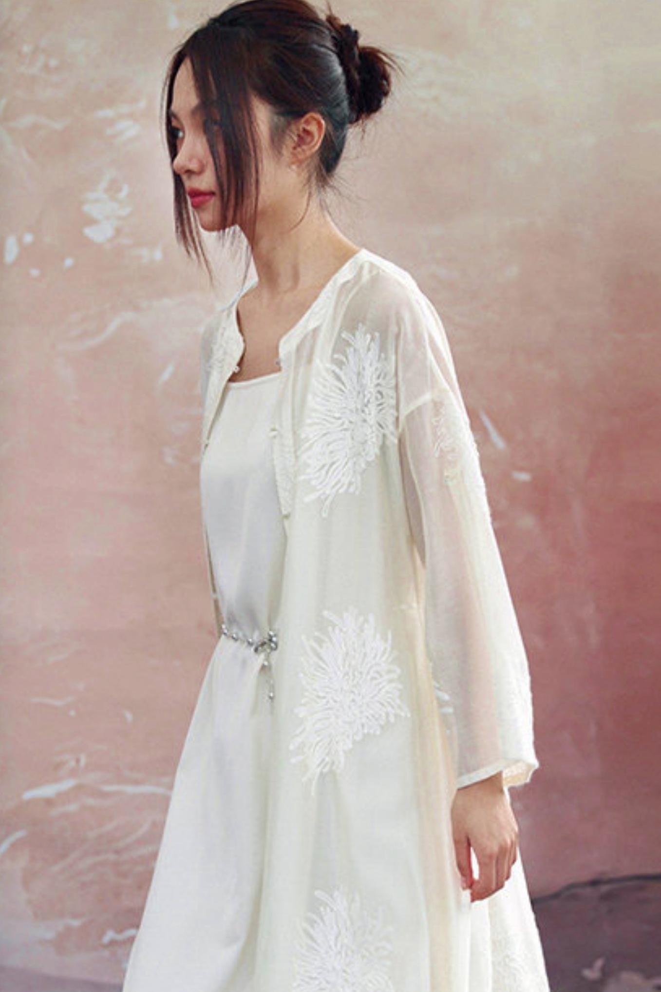 White Sheer Floral Embroidered Band-Collar Shirt Dress