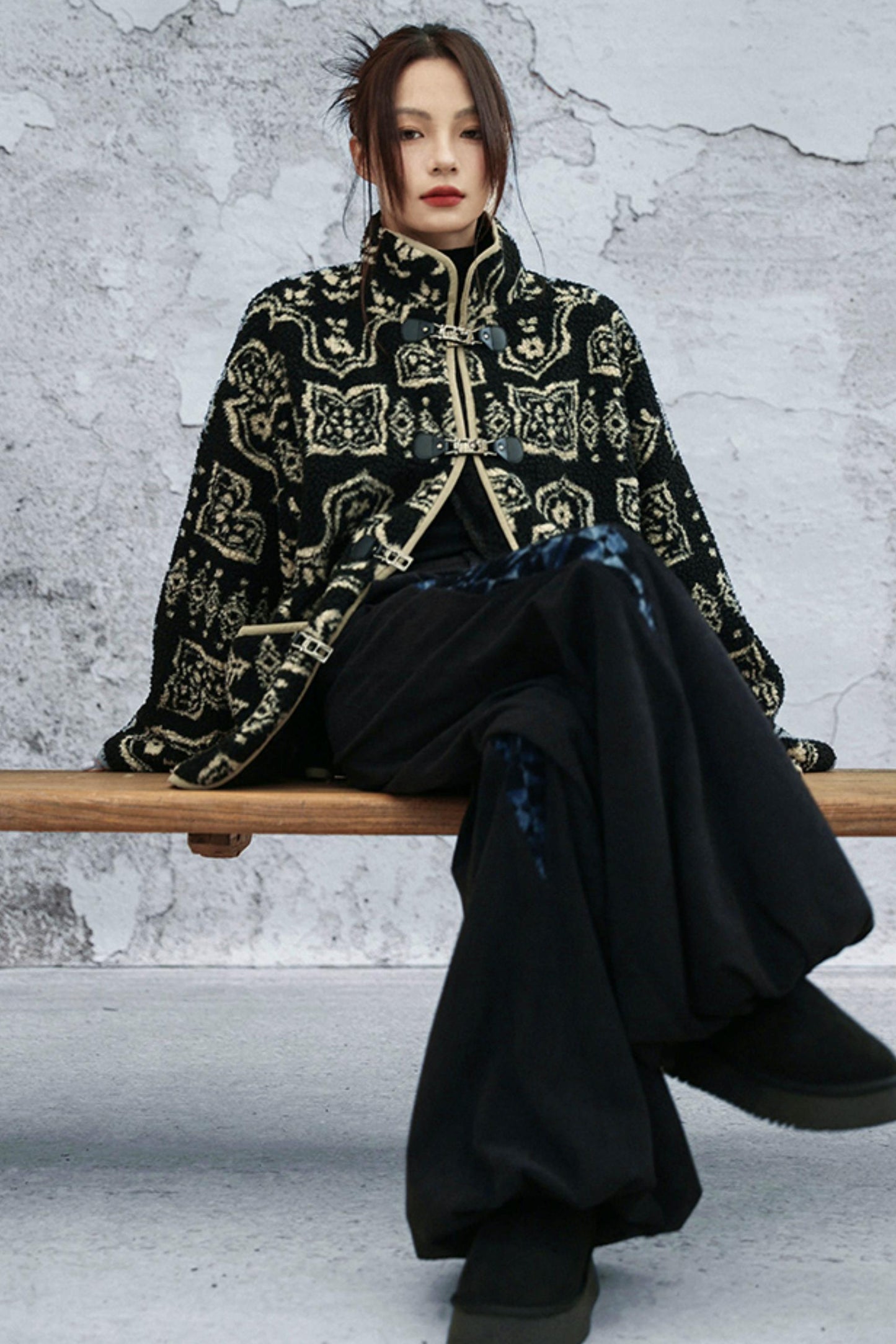 モードジャカードスタンドアップカラーコート