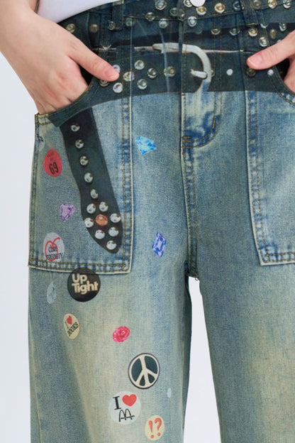 Retro Print Straight Leg Denim Pants