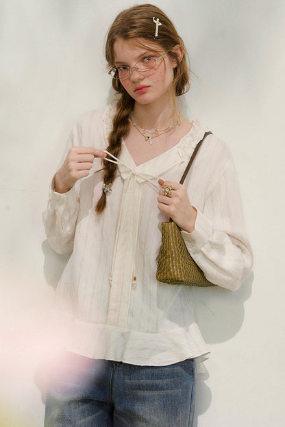 ストライプドレーススリーブブラウス