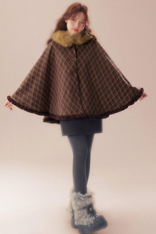 チェックファーカラーフーデッドケープ