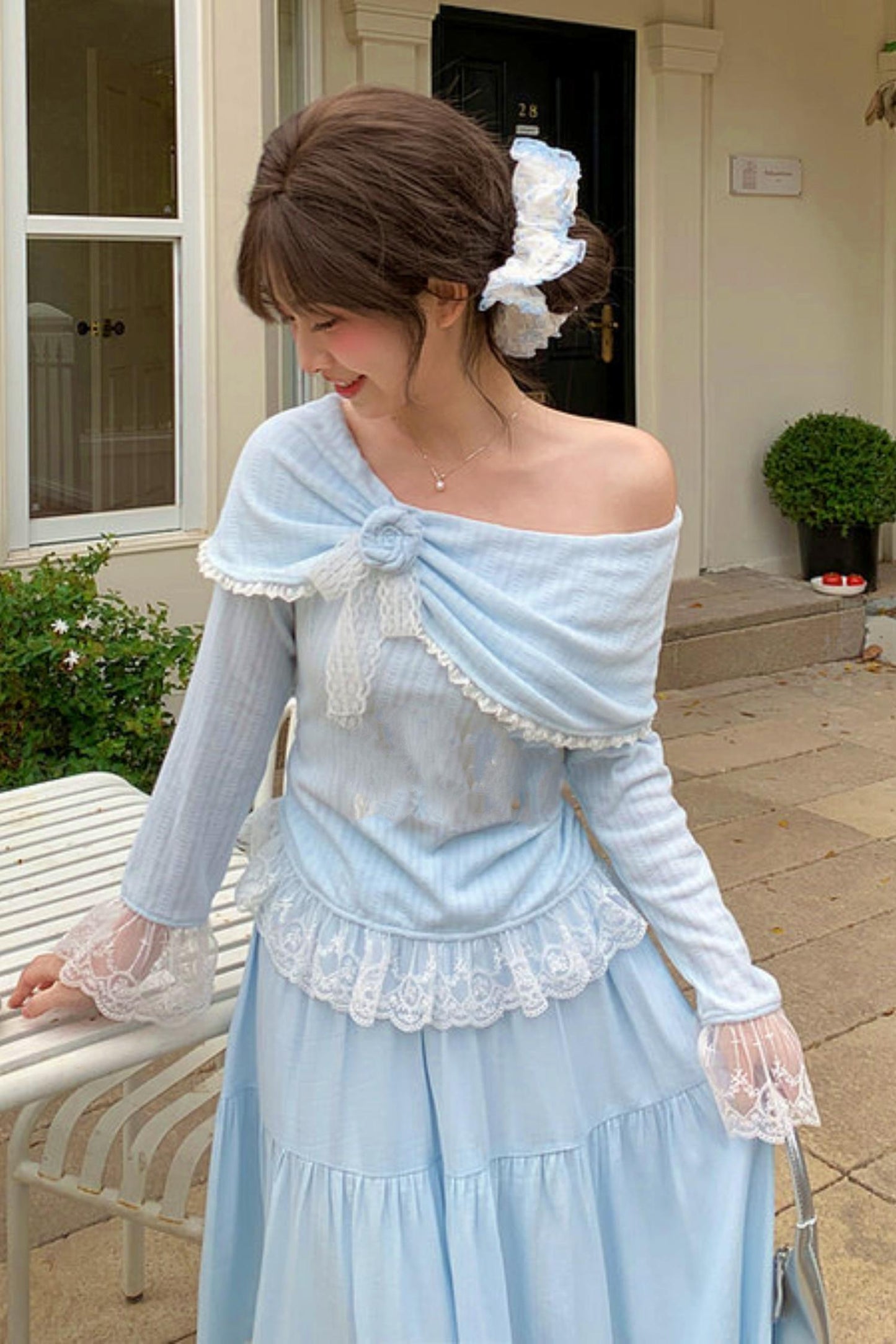 レースパッチワークオフショルダートップス+ロングスカート