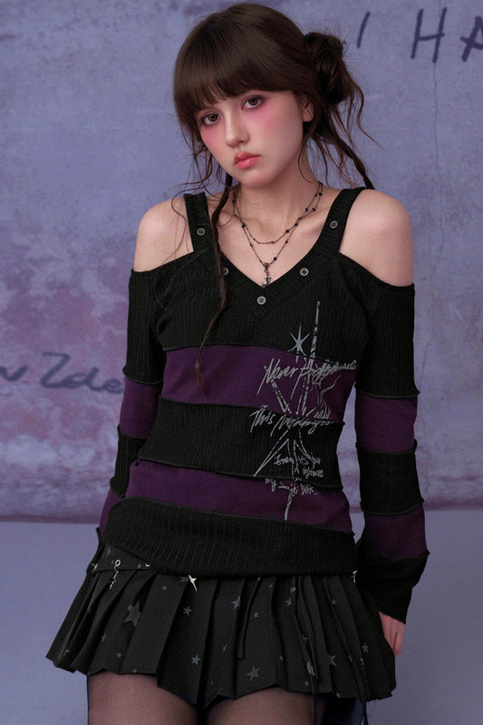 Schwarz-lila schulterfreies Oberteil