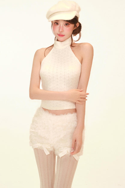 Halter Neck Fuzzy Knit Jacket + Top + Pants