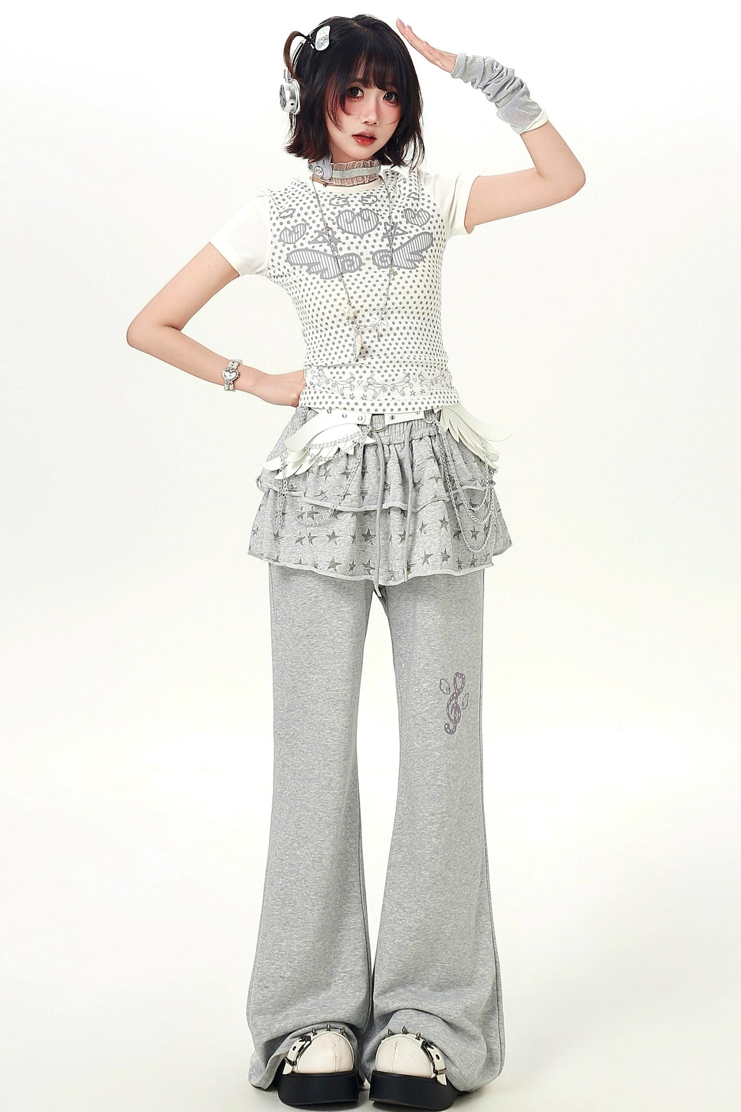 Pantalon superposé à volants et imprimé étoiles, gris/noir