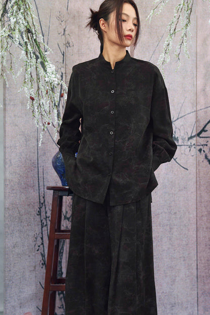 Camicia con colletto alla coreana sfumata nero scuro + pantaloni