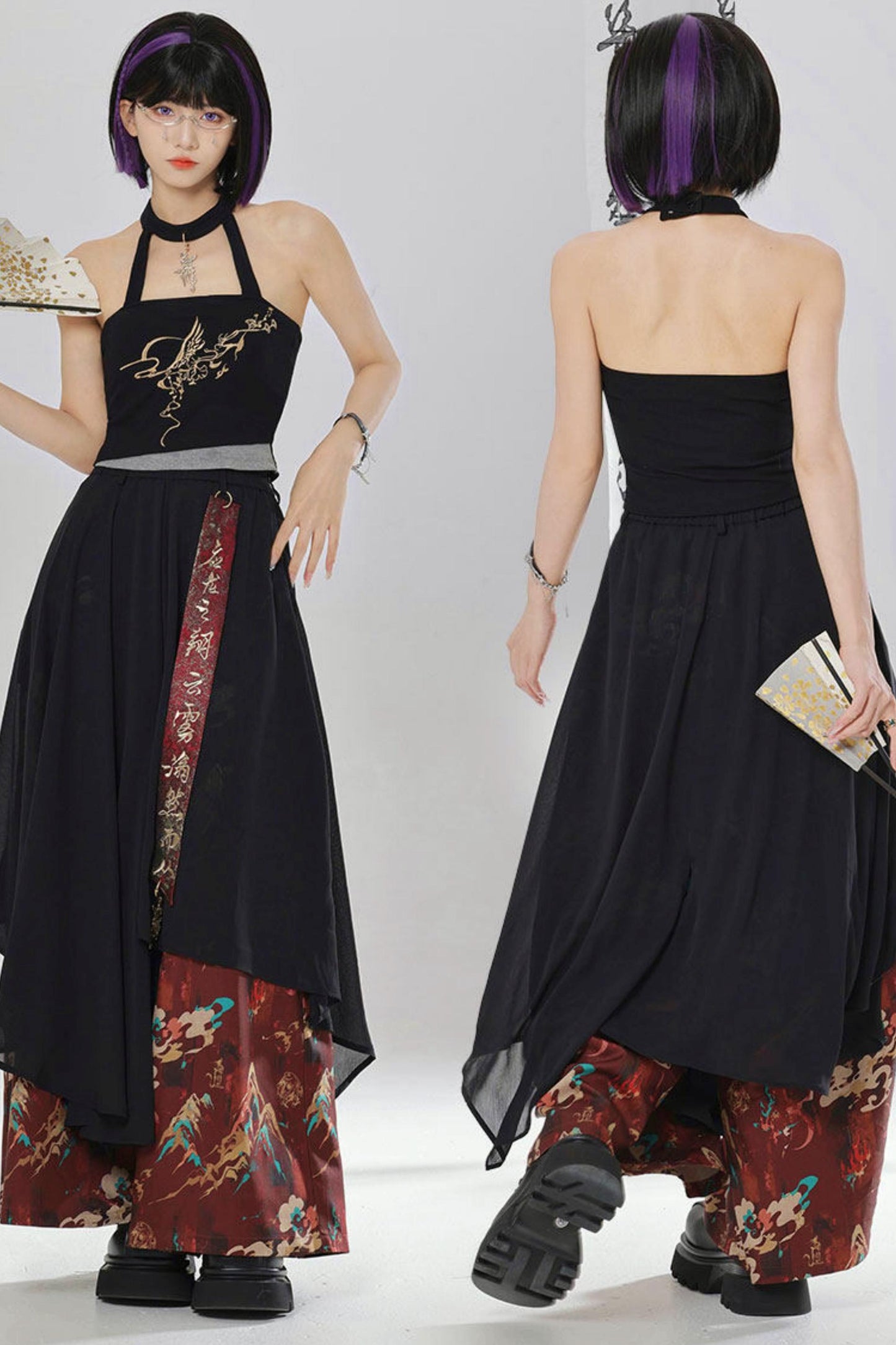 Gold Dragon Embroidered Choker Top (with Cups) + Chinese-Style Wide-Leg Pants