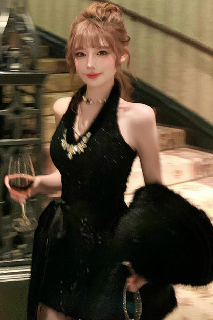 French mode tight dress + fur coat