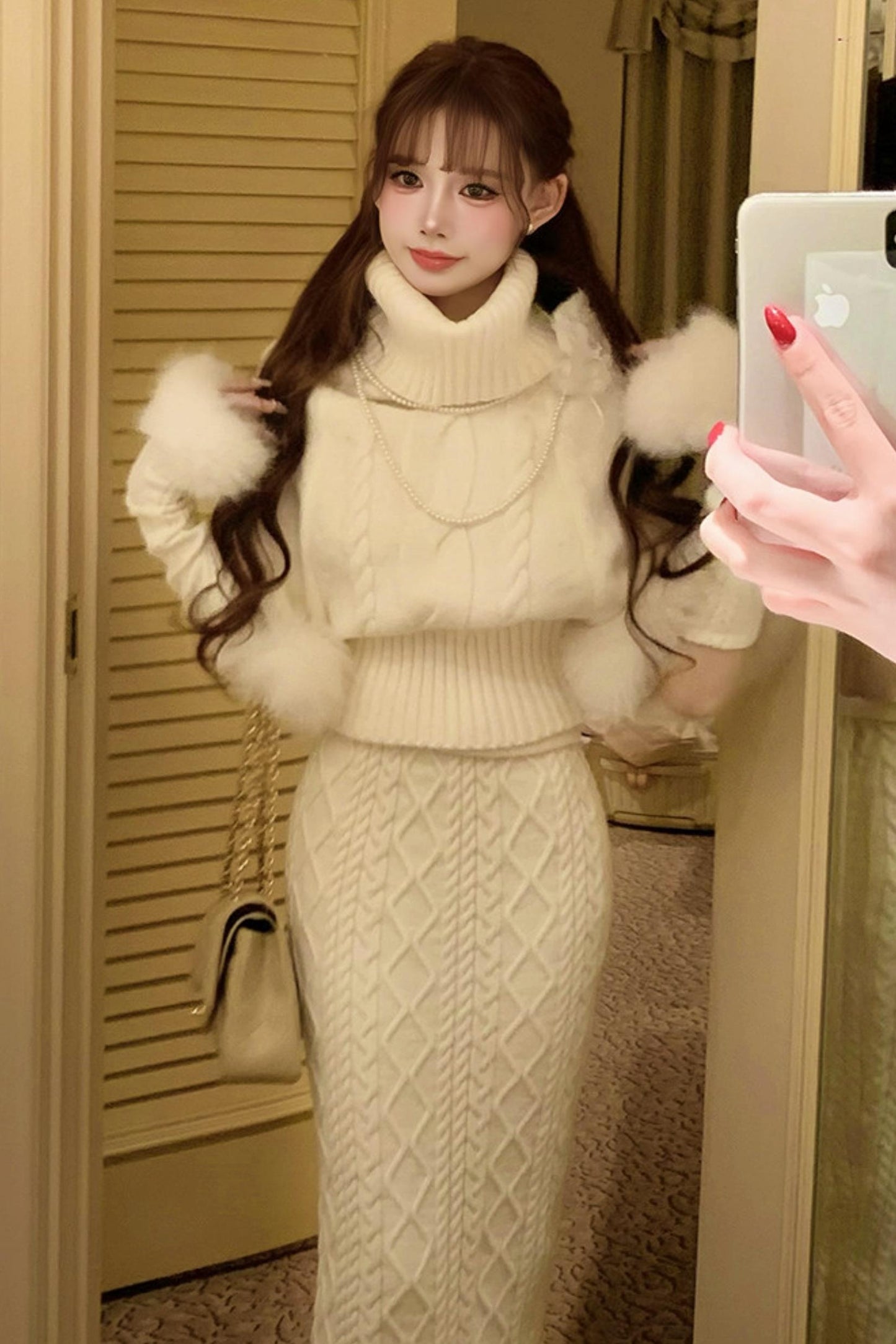 Fox Fur Trim Cape Sweater + Twisted Knit Bodycon Skirt