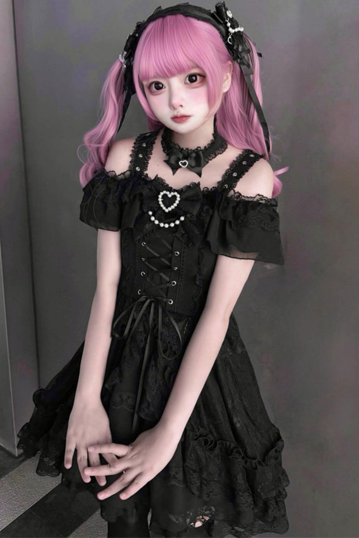 オフショルダー地雷レースドレス+ネックリング