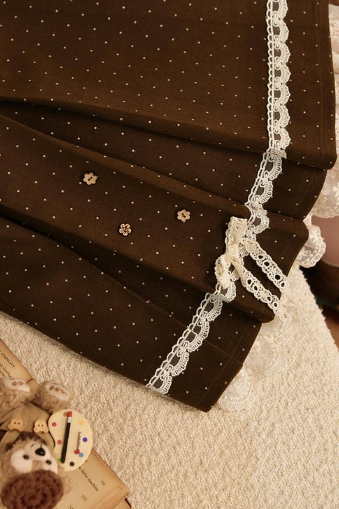 ブラウンポルカドットレーススカート