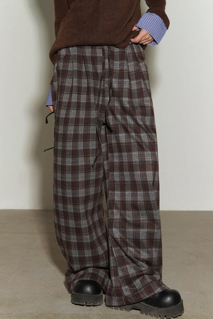 Pantalon à jambes larges et taille haute à carreaux