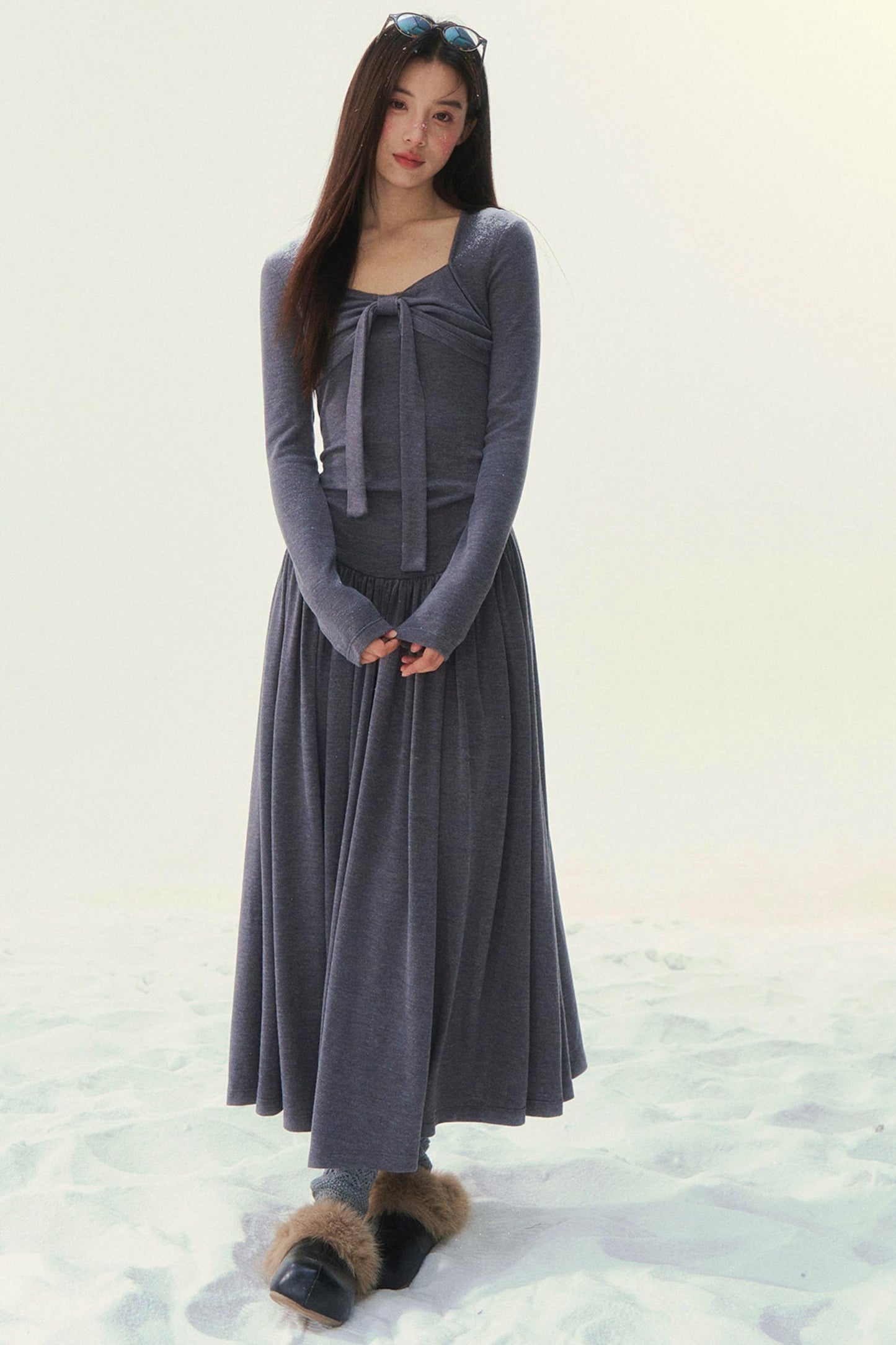 Gray Knit Waist Shaping French Dress