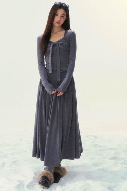 Gray Knit Waist Shaping French Dress