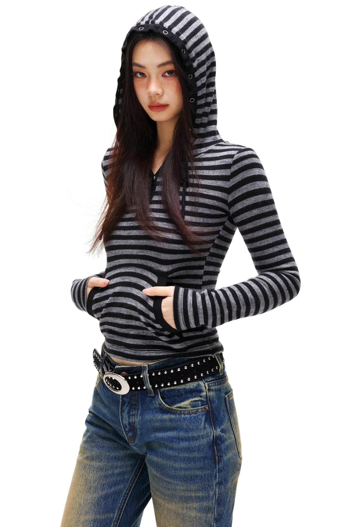 ボーダーフードスリムトップス