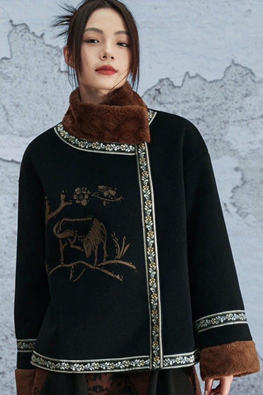 カラーブロックウールンフローラルコート