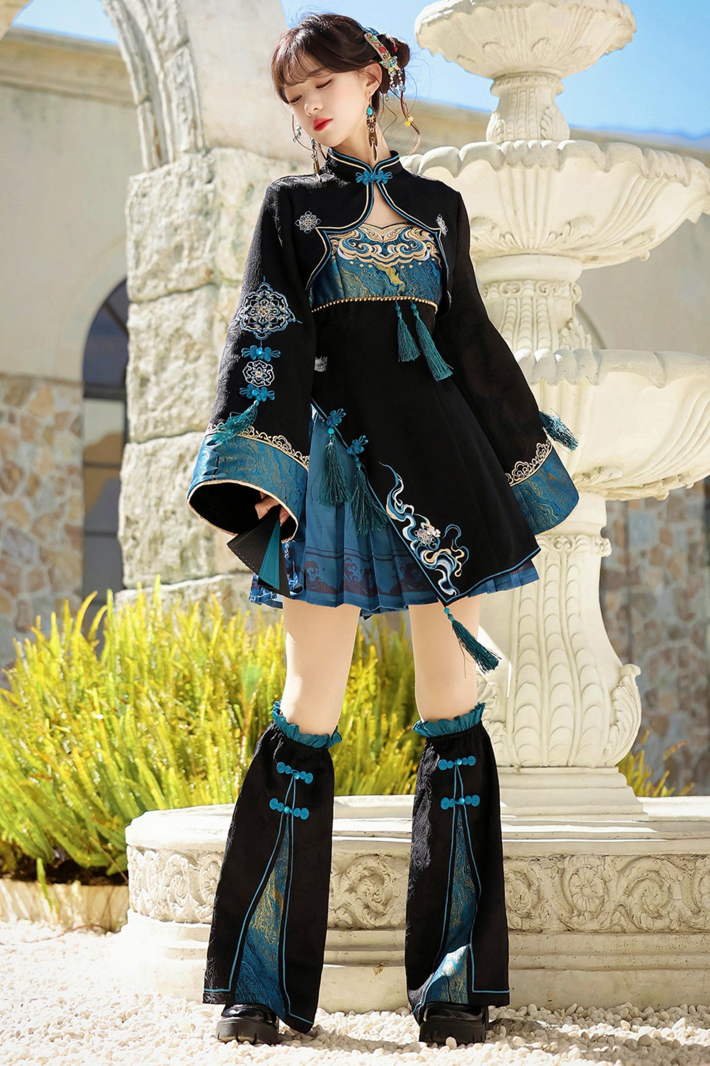 Cyberpunk Chinese-Style Lolita Top + Strapped Dress + Skirt + Leg Covers