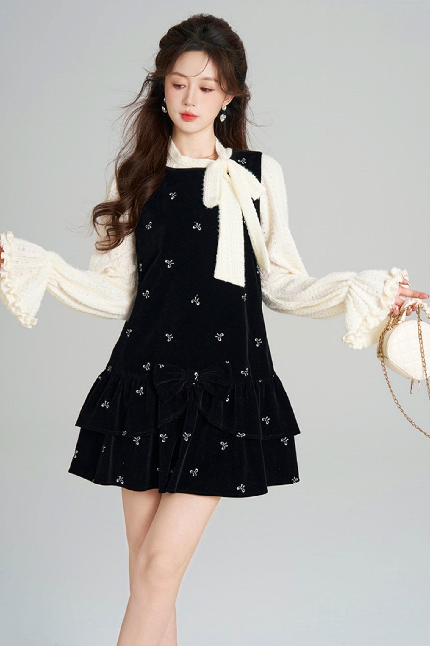 French Sweet Käbel Velvet Dress + Ribbon Neck Blouse