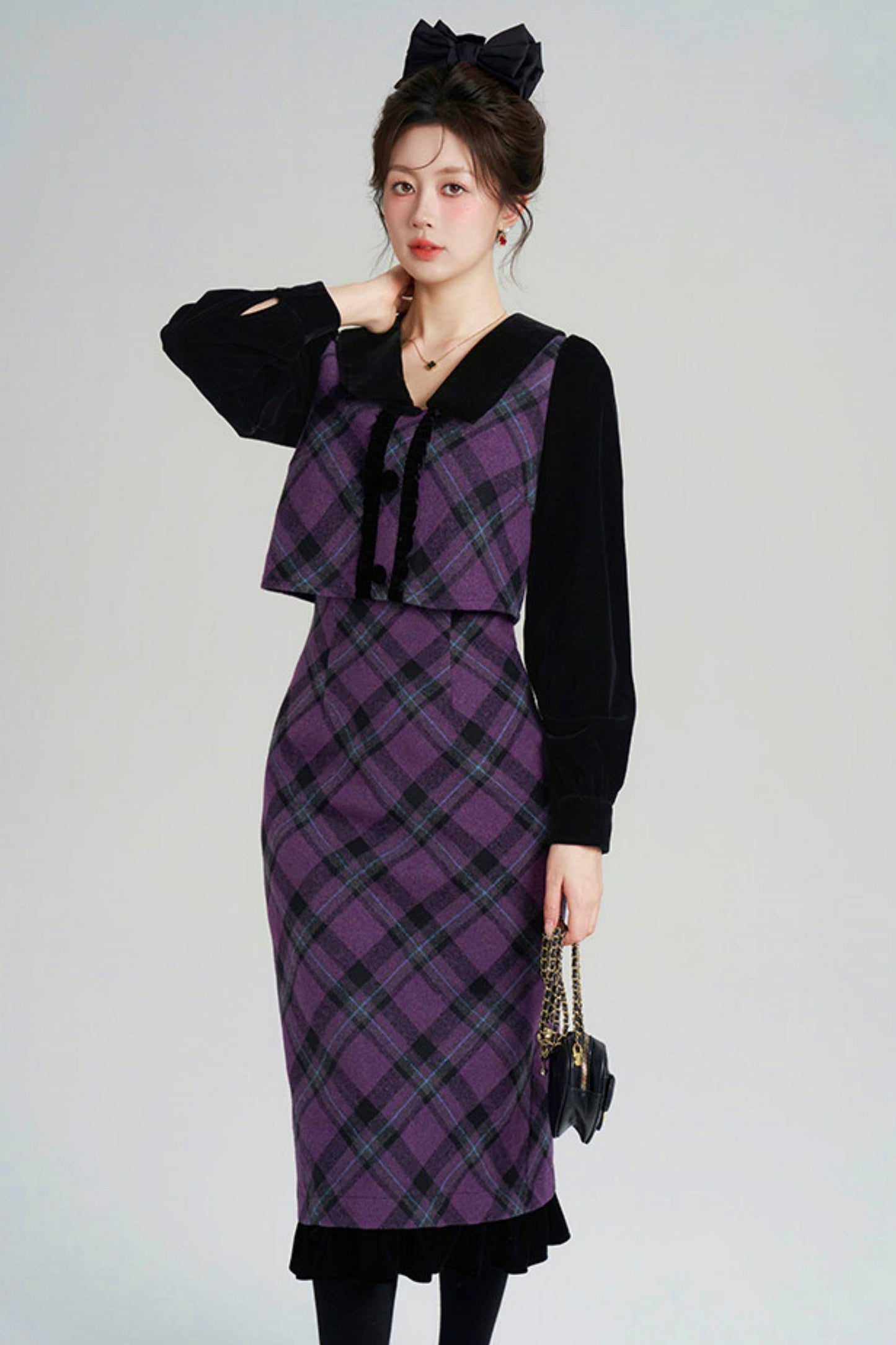 Velvet Patchwork Plaid Dress