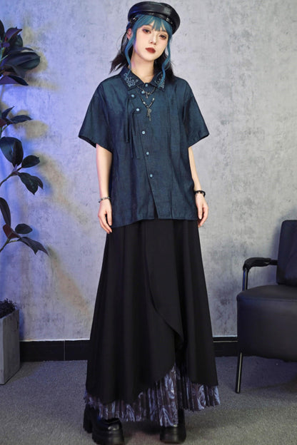 Embroidered Color Asymmetrical Chinese-Style Shirt