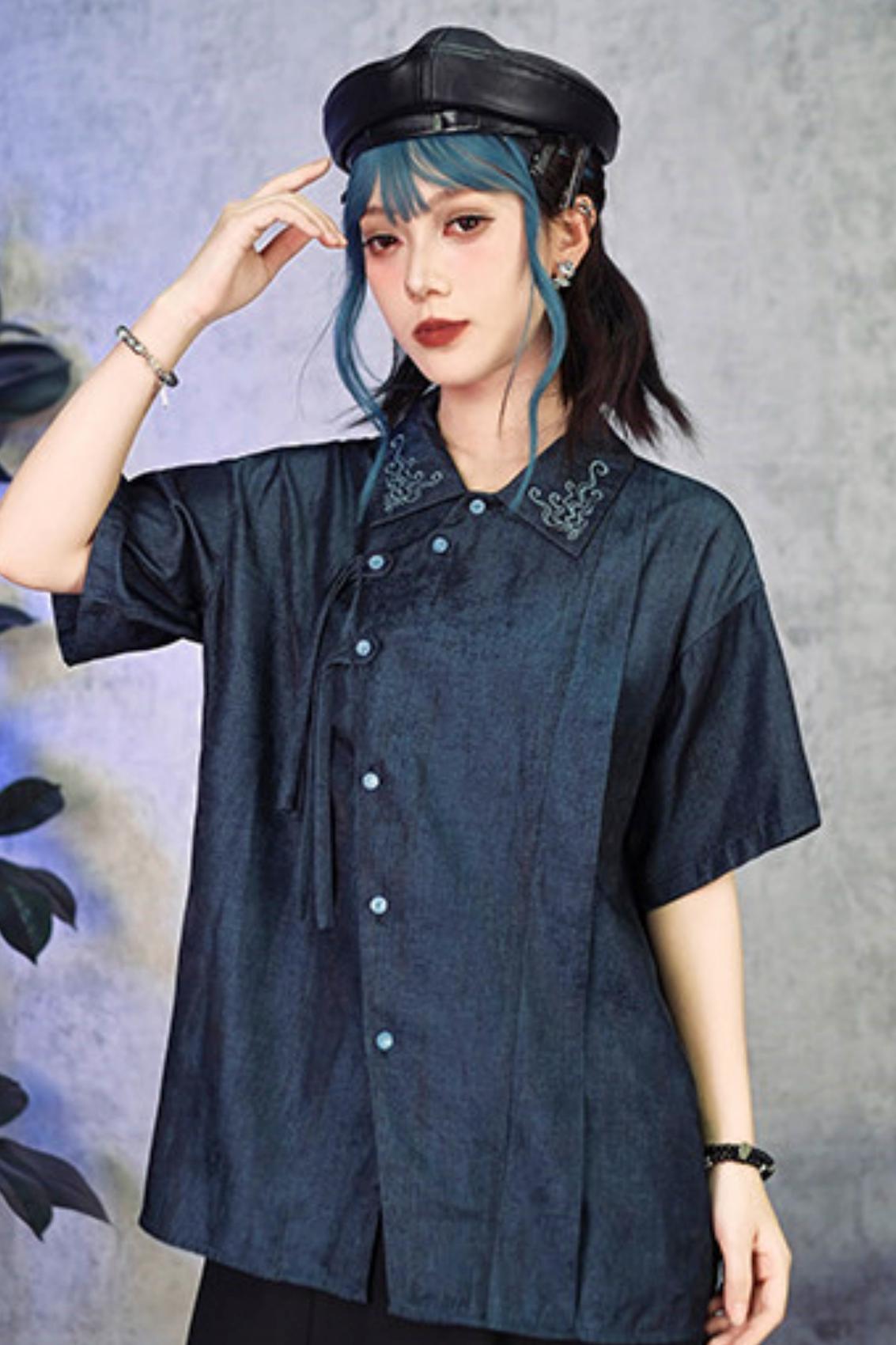 Embroidered Color Asymmetrical Chinese-Style Shirt
