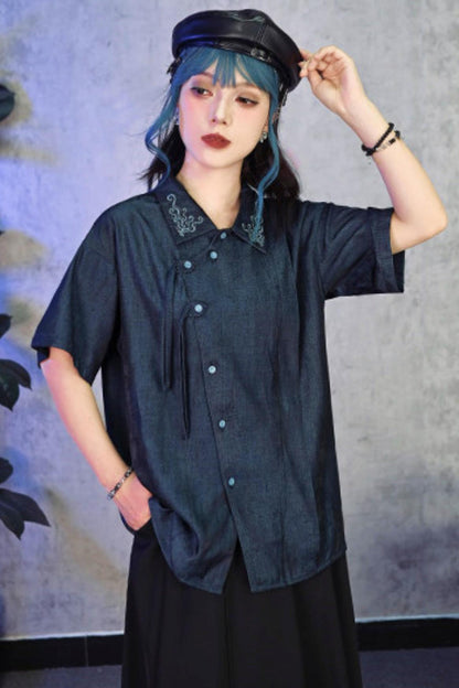 Embroidered Color Asymmetrical Chinese-Style Shirt
