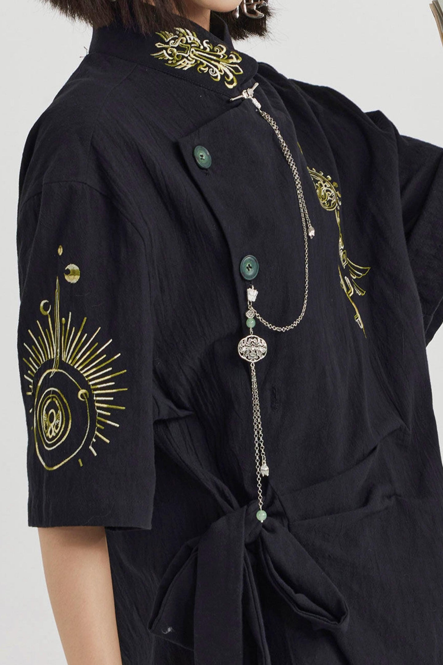 Black and Gold Oriental Ribbon Shirt + Chinese Wide-Leg Pants