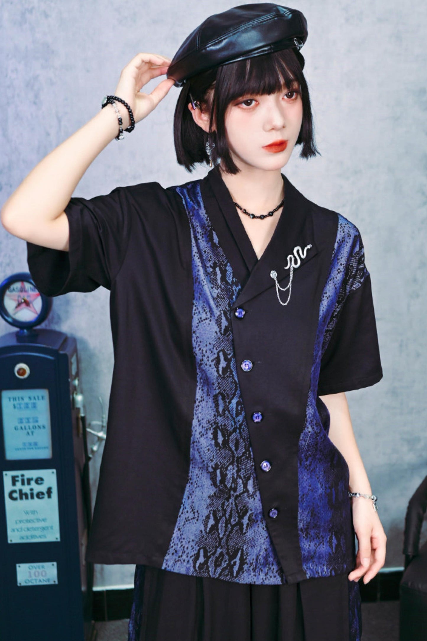 Asymmetrical Collar Snake Print Shirt (with Snake Motif Brooch)