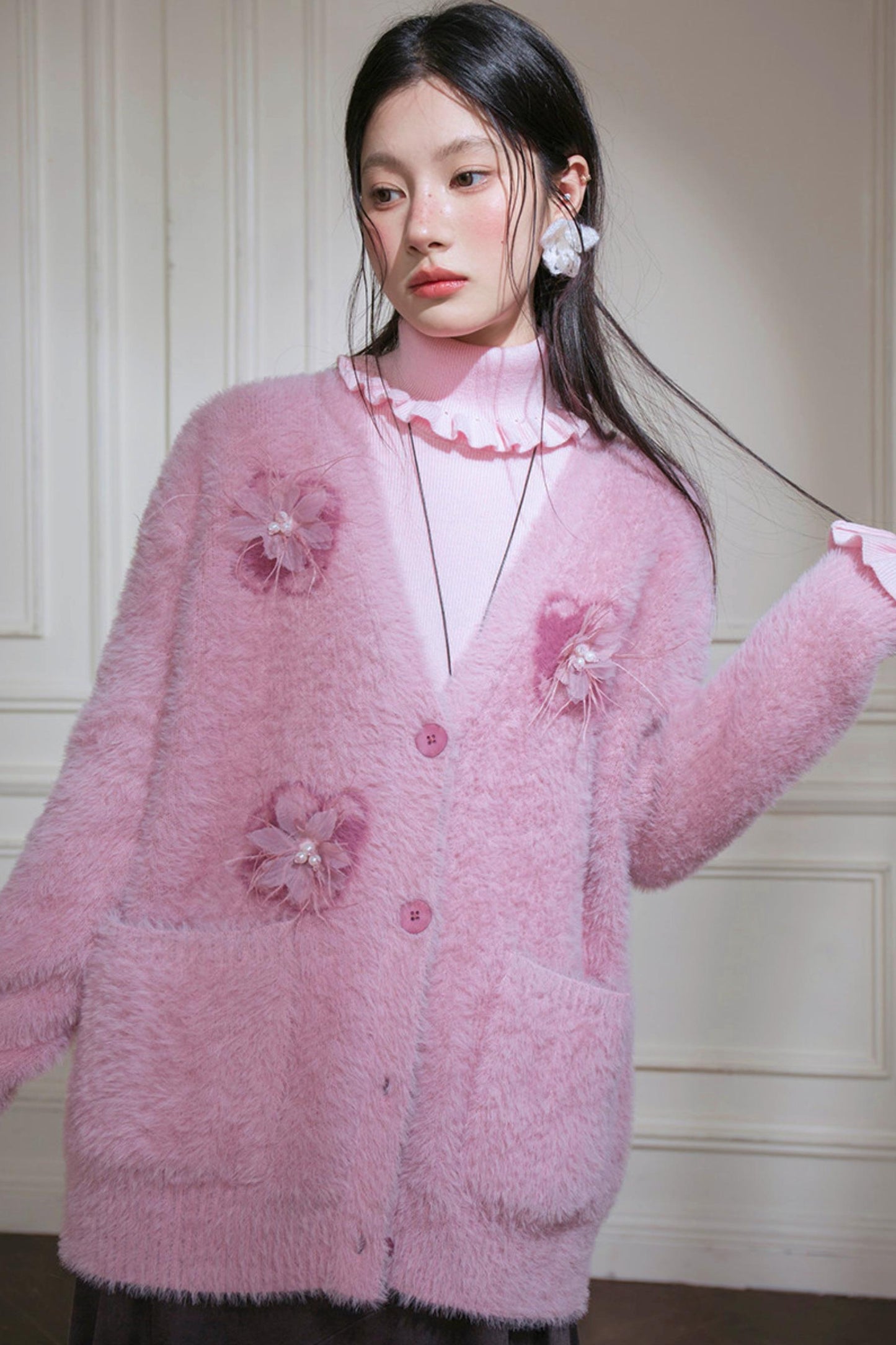 Pink Feather Floral Cardigan