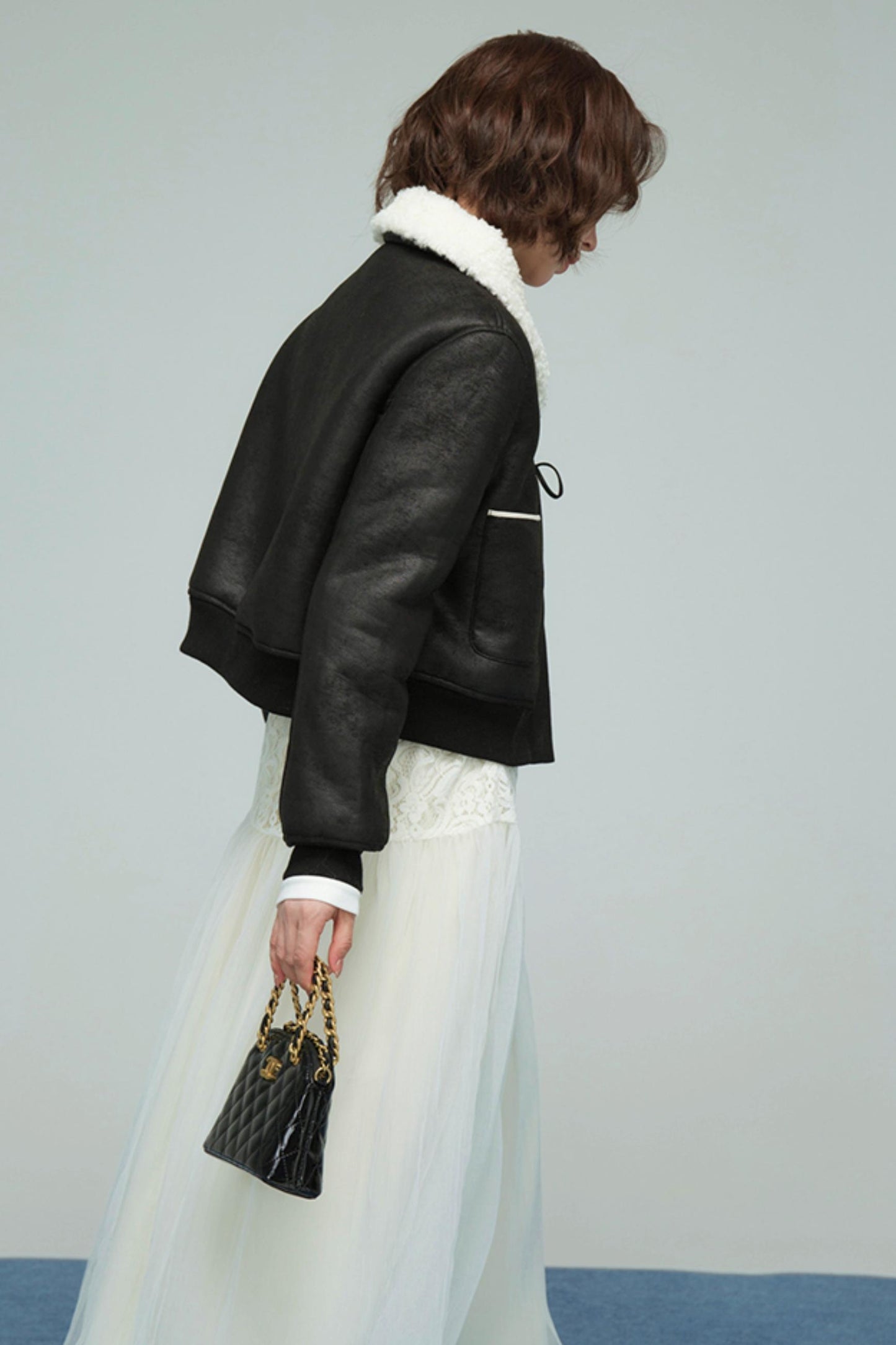 カラーブロックドシアリングコート