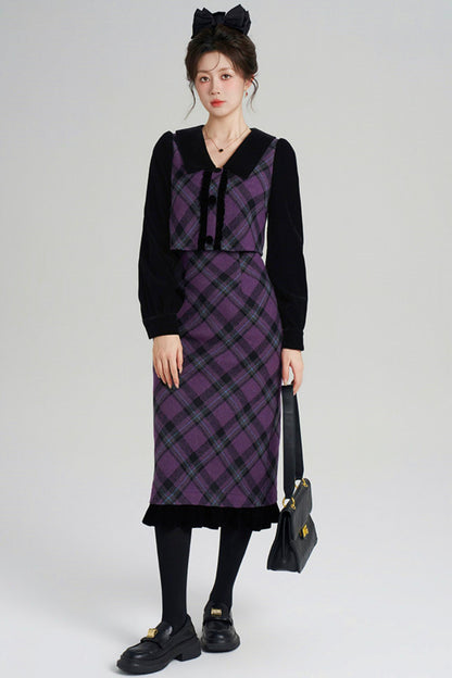 Velvet Patchwork Plaid Dress