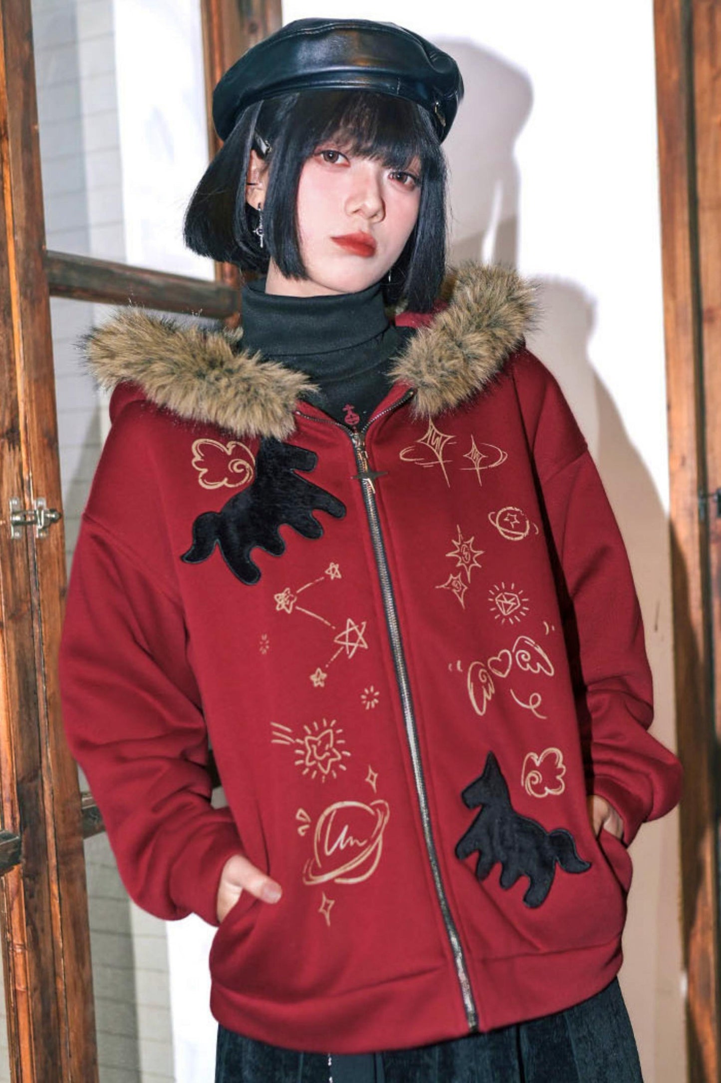 グラフィティファーカラーフーデッドフリースジャケット