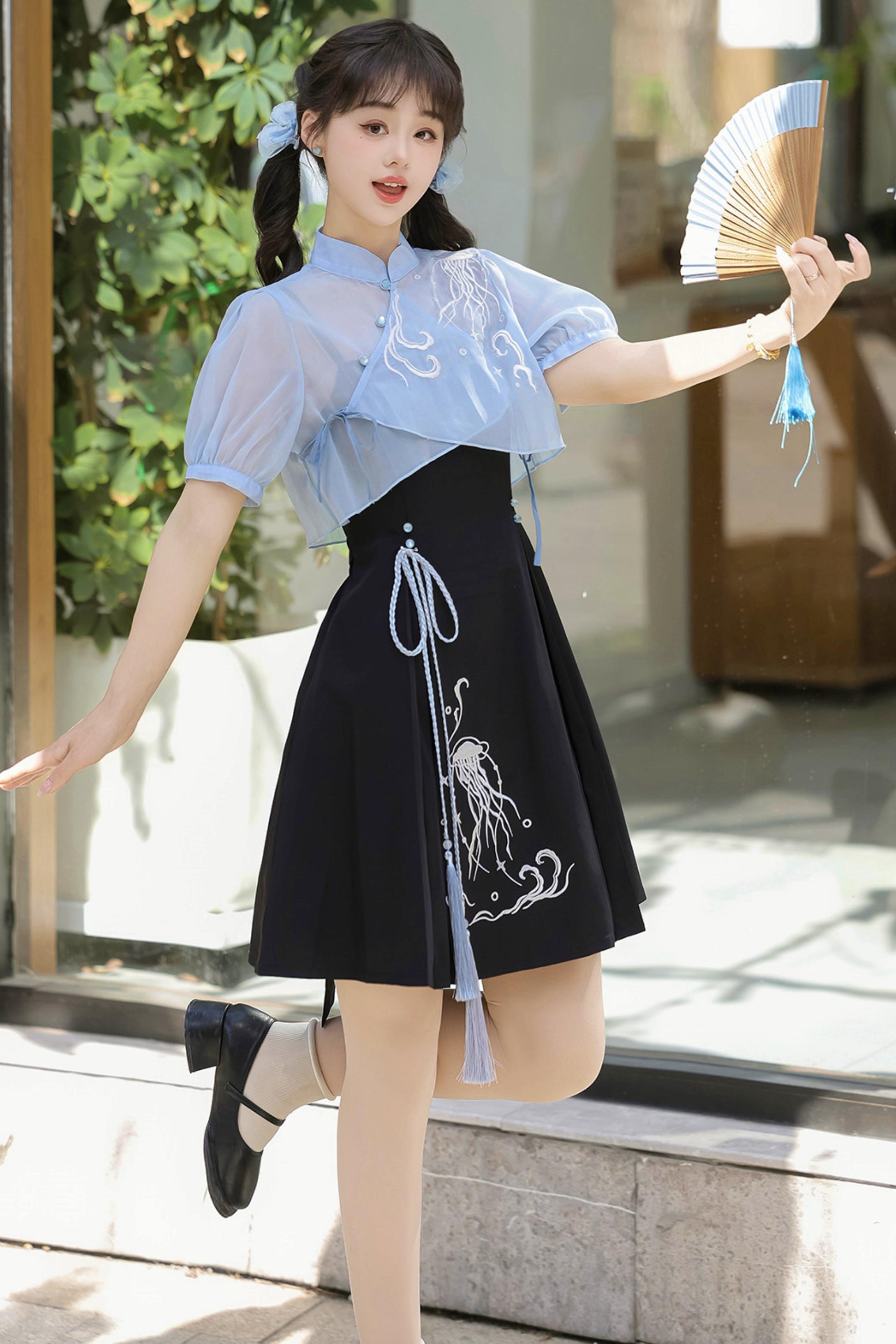 クラゲ刺繍チャイナドレス+シアートップス – Belchic
