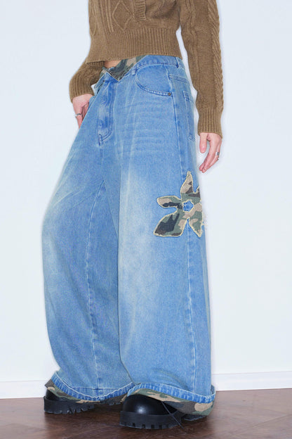 Camouflage Patchwork Embroidered Jeans