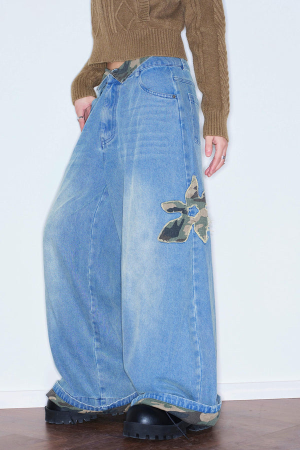 Camouflage Patchwork Embroidered Jeans