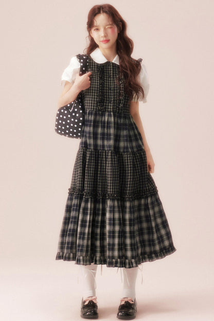 Black Plaid Patchwork Loose Shirt Dress