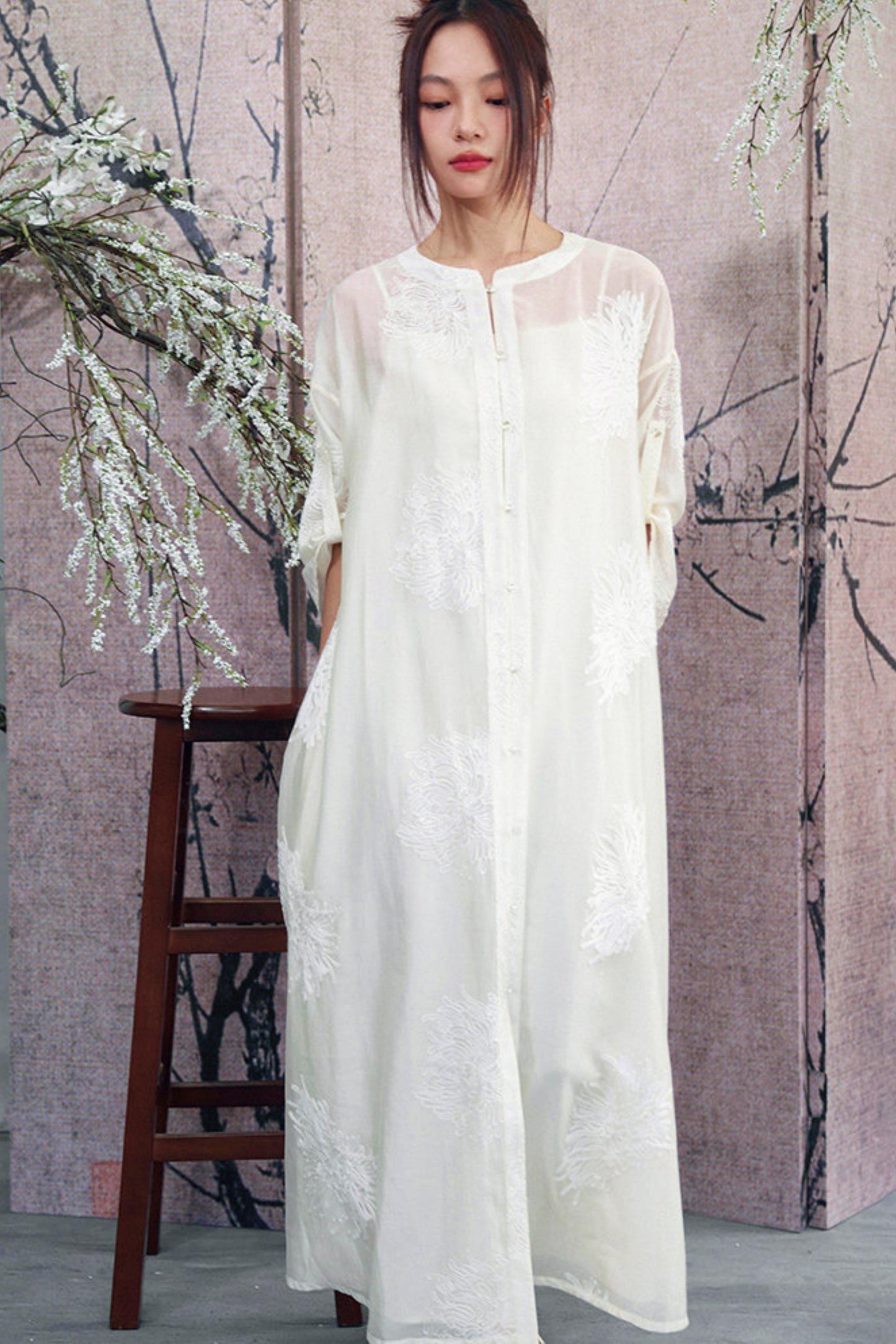 White Sheer Floral Embroidered Band-Collar Shirt Dress