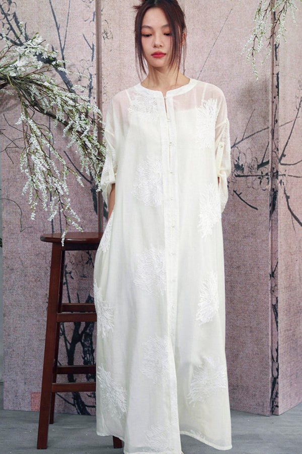White Sheer Floral Embroidered Band-Collar Shirt Dress