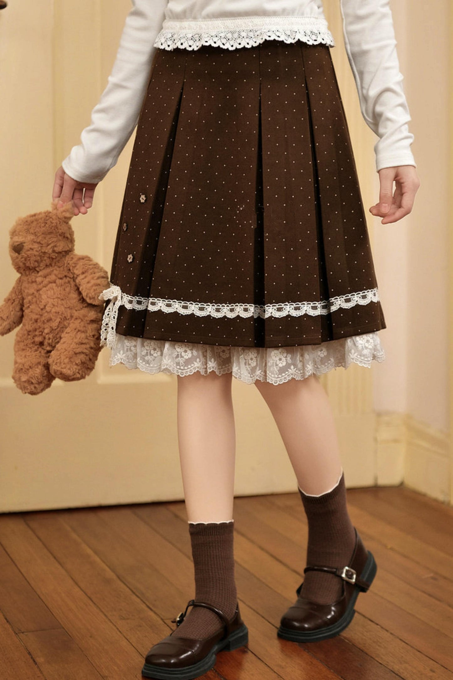 ブラウンポルカドットレーススカート