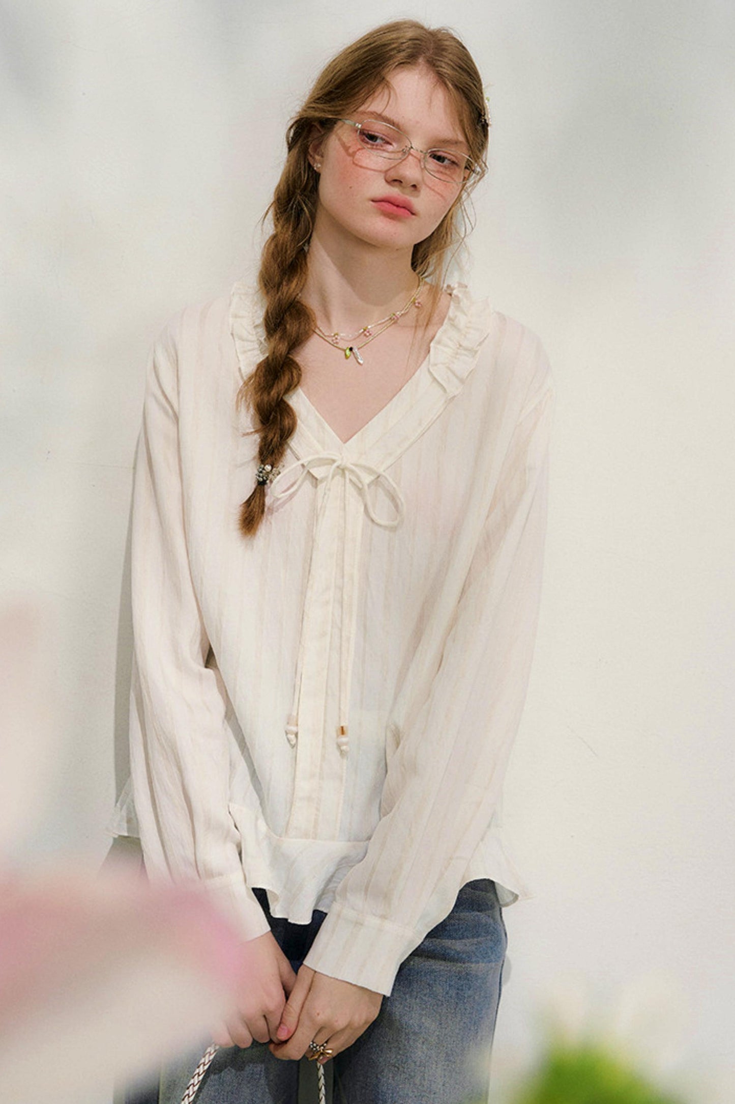 ストライプドレーススリーブブラウス