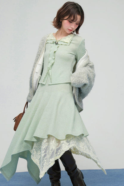 レースカラーニットトップス+アシメスカート