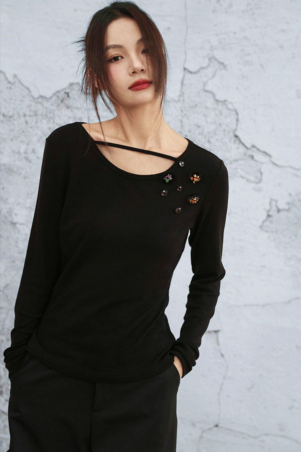 クリスタルボタンベルベットニットトップス