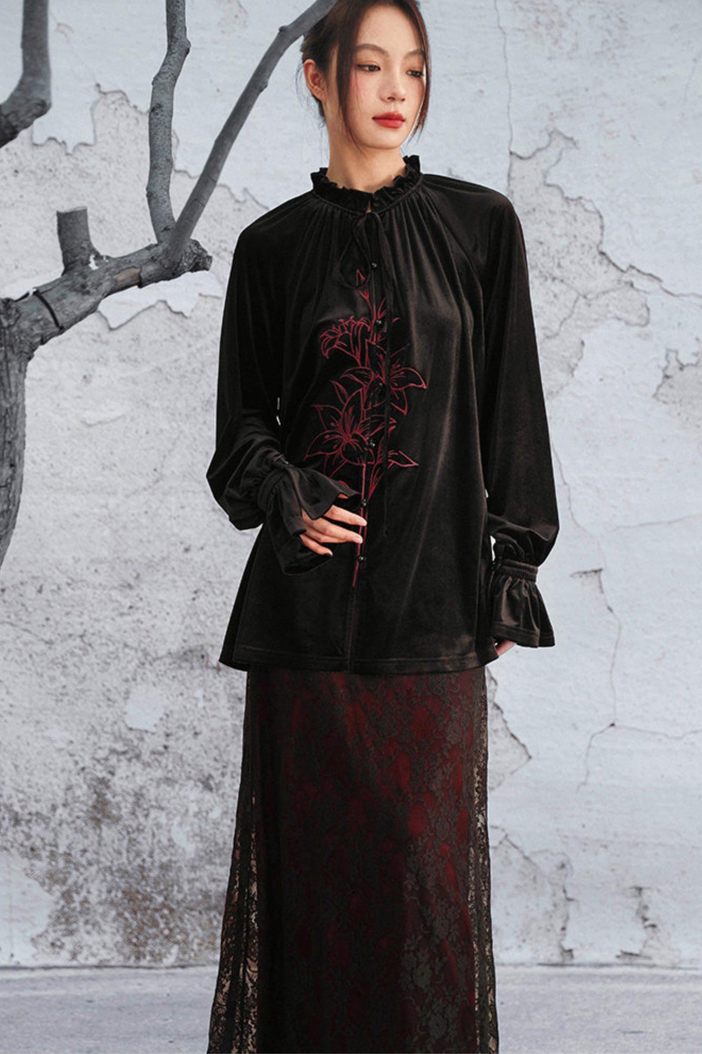 Black Velvet Lily Embroidered Blouse