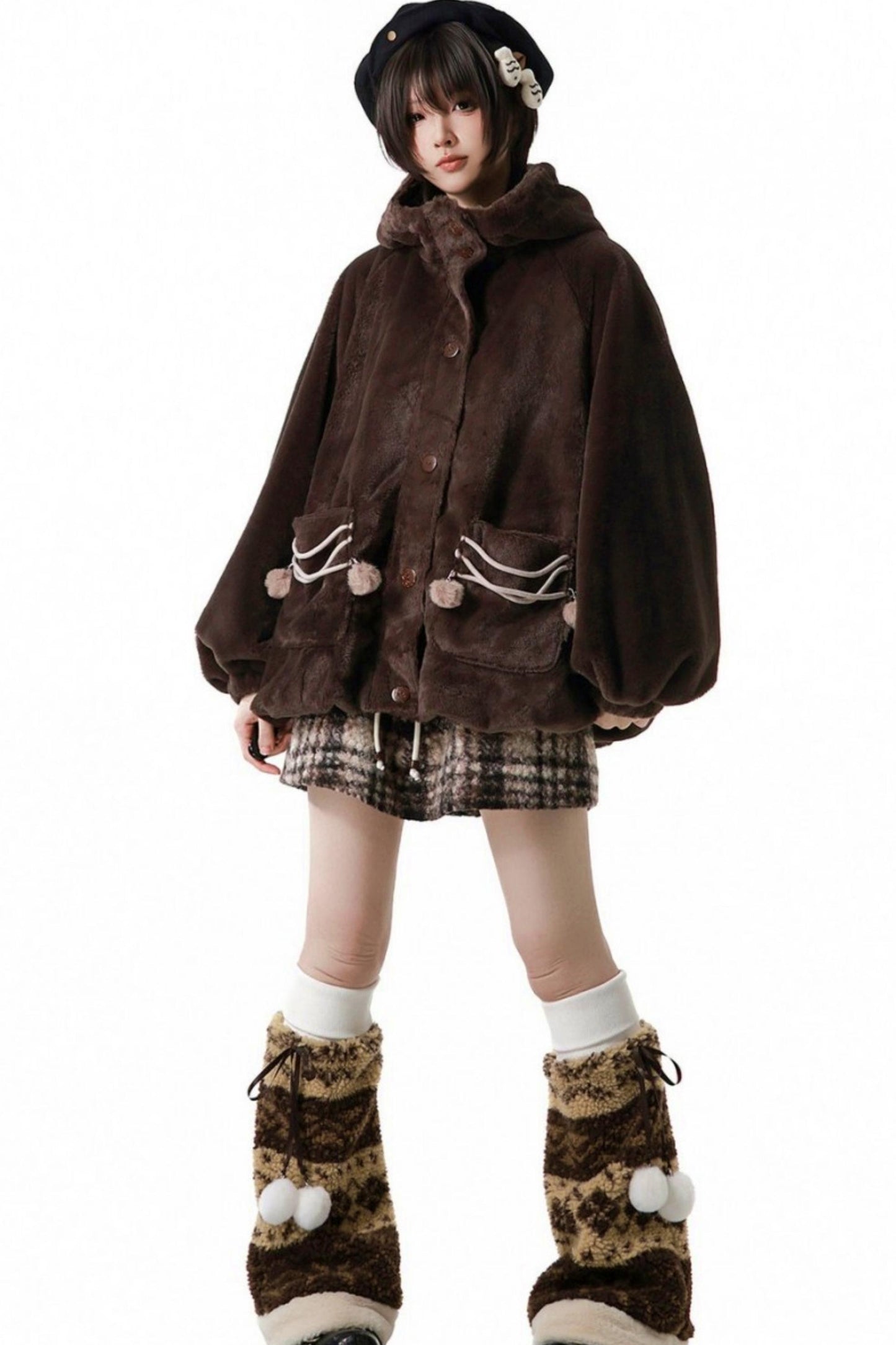 Plaid Skirt + Coat + Top + Leg Warmers