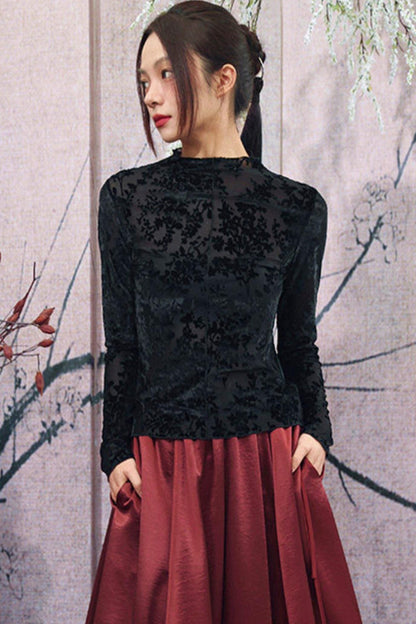 Schwarzes florales transparentes Rüschen-Oberteil im dunklen Mode-Stil