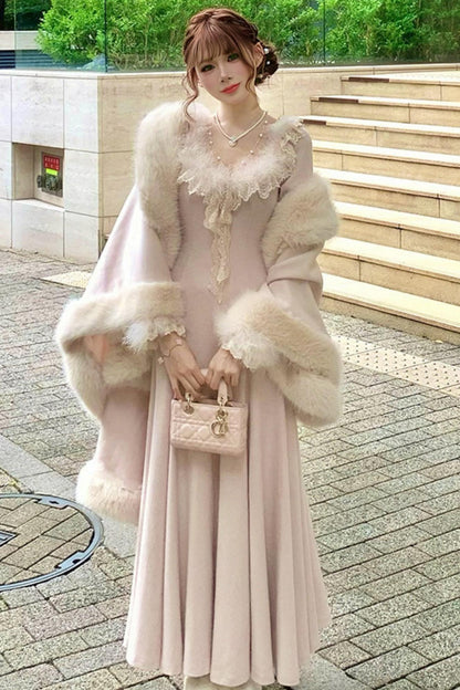 Lace Trimmed Feather Knit Dress